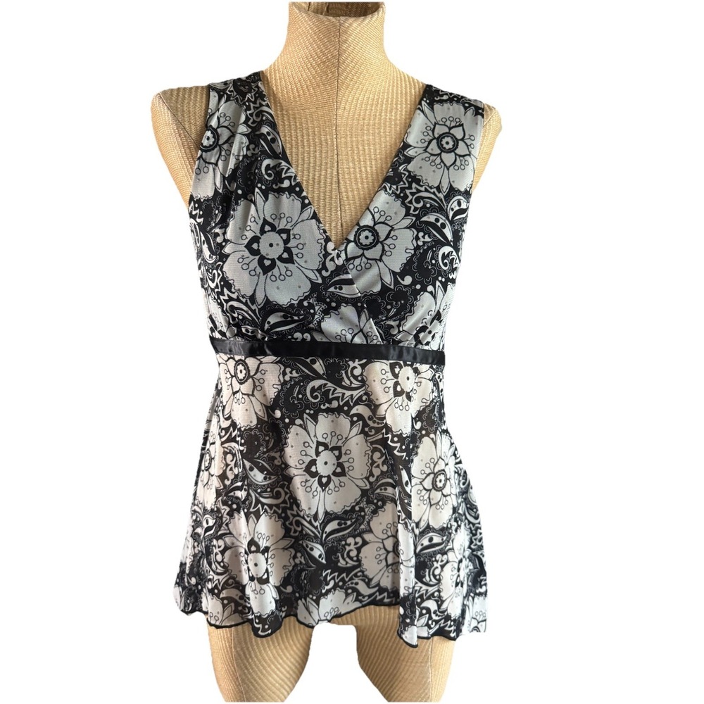 Y2K Babydoll Blouse M Hot Tempered Black & White Floral Tank Top Whimsigoth- MED